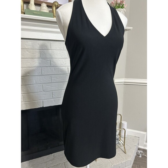 Vtg Y2K Sleeveless Womens Medium Halter Dress Bodycon Plain Little Black Dress - Picture 2 of 5